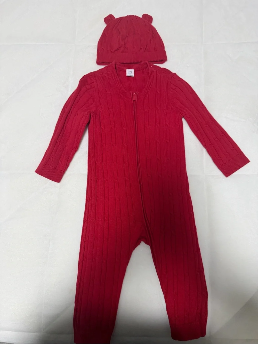 GAP Red Cable-Knit Baby One-Piece with Matching Bear-Ear Hat